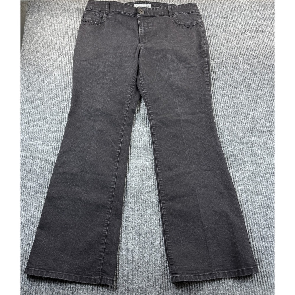 Chicos Platinum Denim Jeans Womens 2.5 Gray‎ Charcoal Bootcut Stretch Rhinestone